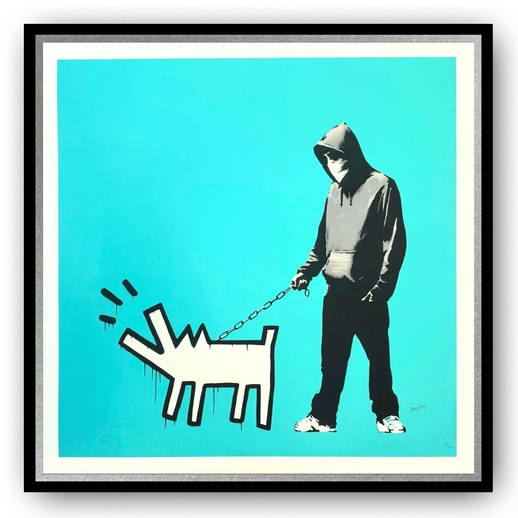 Framed Banksy artwork of a person in a hoodie pulling a dog on a chain against a blue background